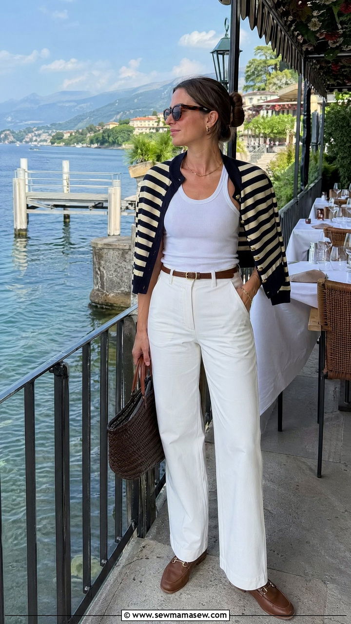 Striped Cardigan Draped Over Shoulders with White Trousers - 35 classy old money outfit ideas