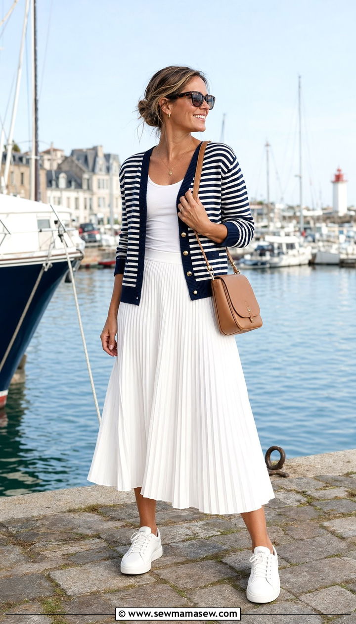 Striped Cardigan Over a White Tank and Pleated Skirt - 35 Old money vacation outfit ideas