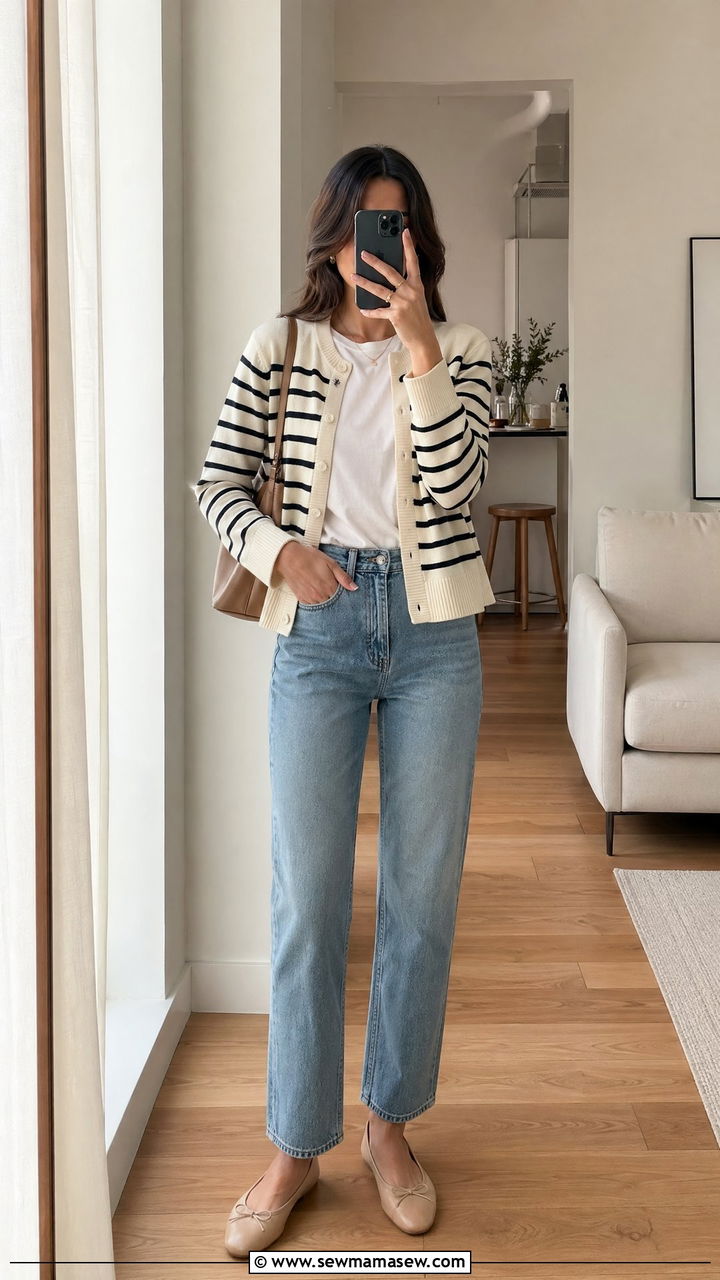 Striped Cardigan With Straight Leg Jeans And Ballet Flats - 35 Spring London outfit ideas