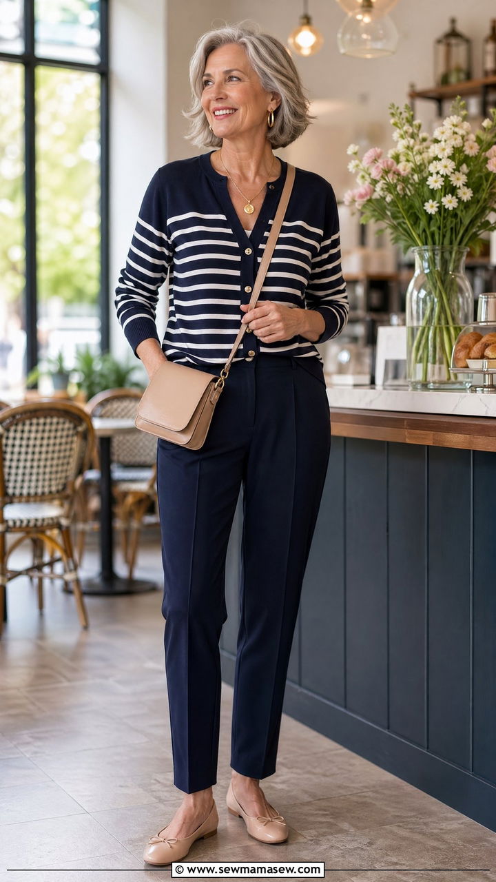 Striped Cardigan with Navy Trousers and Gold Jewelry - 35 What to wear in spring for women over 50