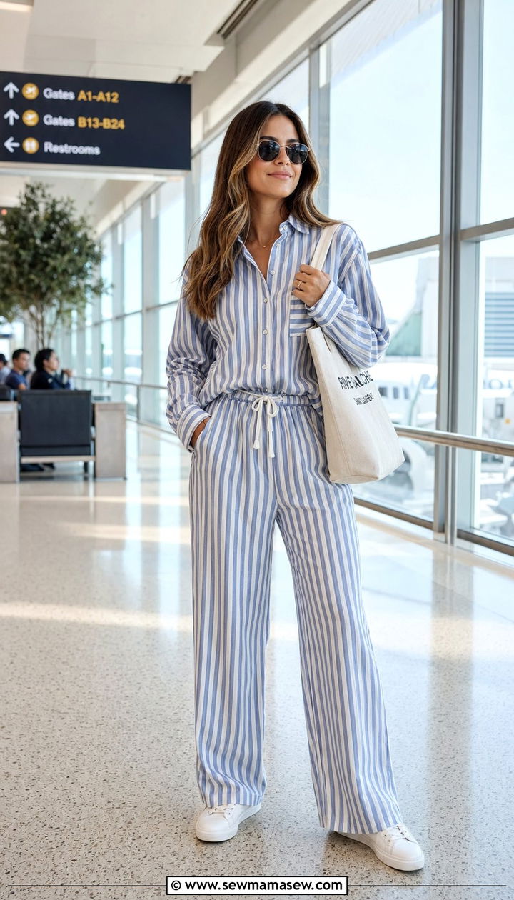 Striped Co Ord Set With White Sneakers And Canvas Tote - 30 airport outfits inspo