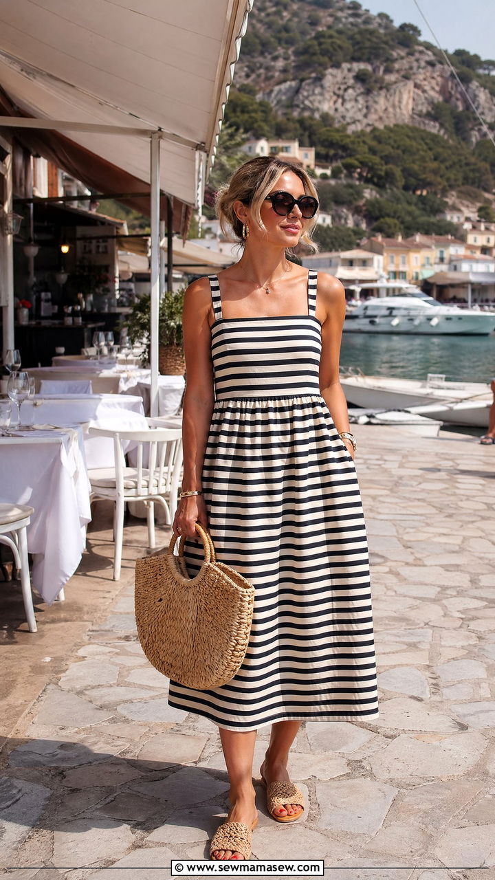 Striped Cotton Dress with Raffia Accessories - 35 Summer brunch outfits