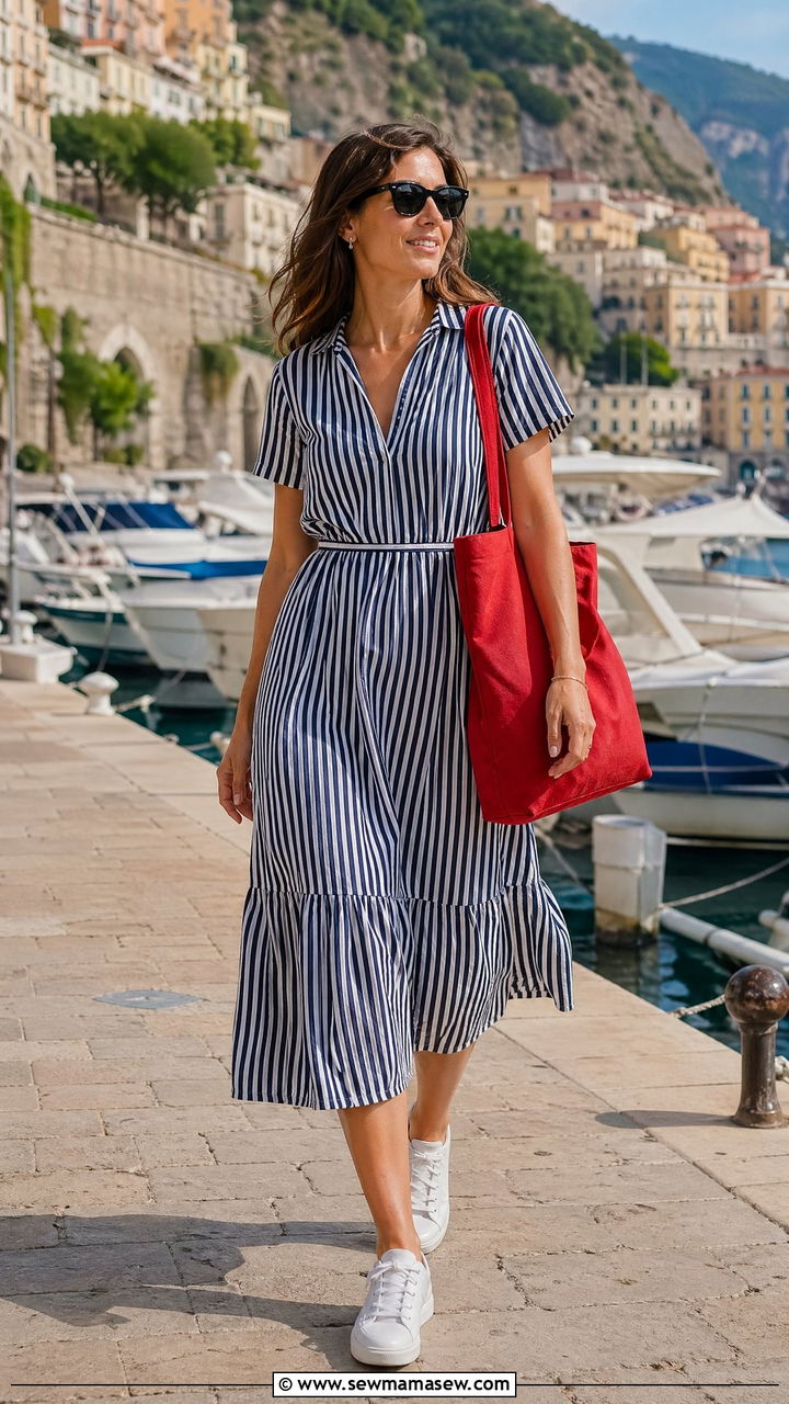 Striped Cotton Midi Dress With White Sneakers - 35 Summer outfits with midi dresses