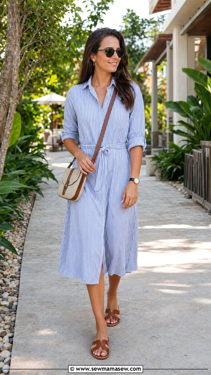 Striped Cotton Shirt Dress With Slide Sandals - 35 resort outfits for women