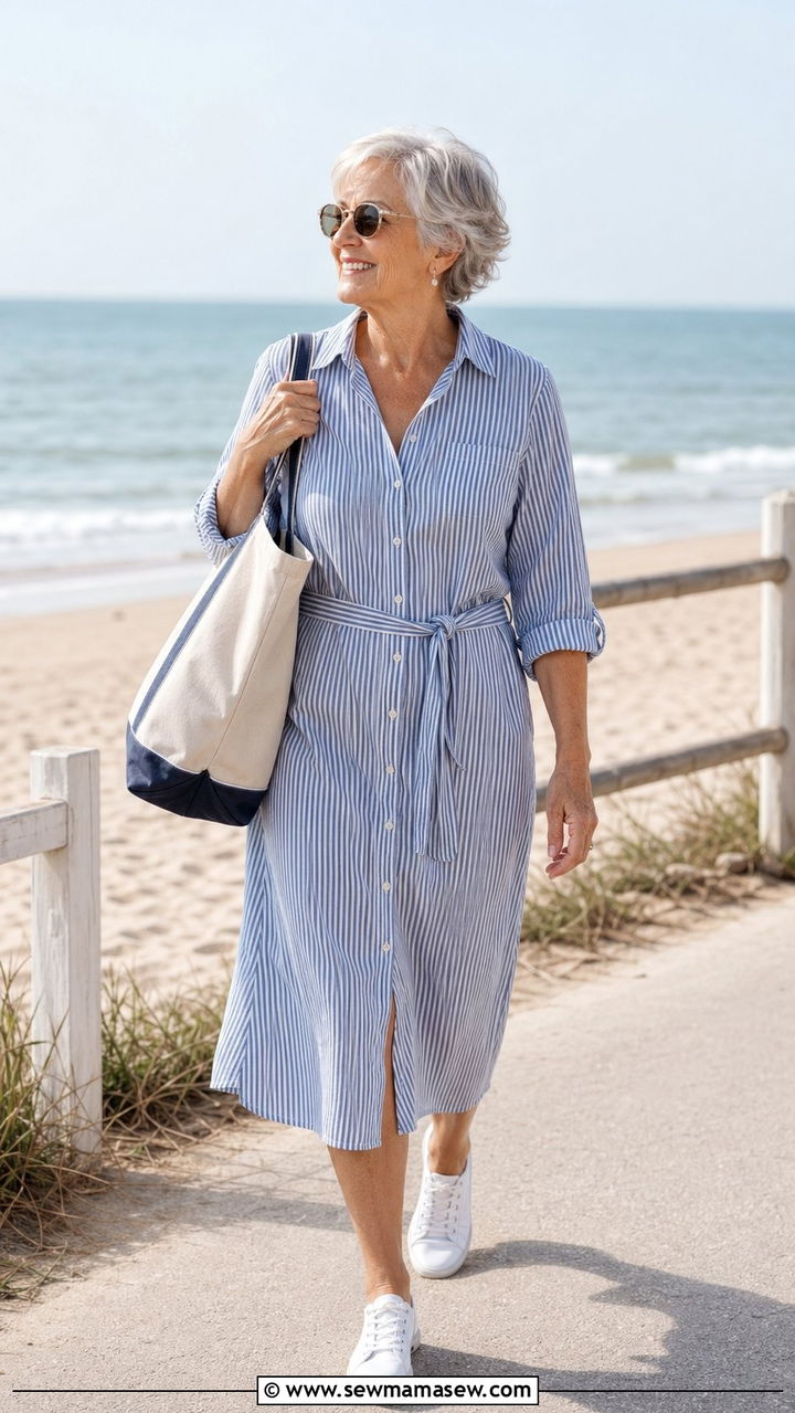 Striped Cotton Shirt Dress with White Canvas Sneakers - 35 Outfit ideas for women over 70 2026