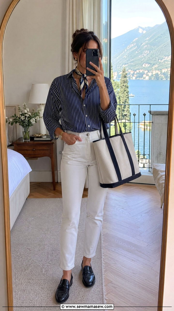 Striped Cotton Shirt With Slim White Jeans and Leather Loafers - 35 summer italy vacation outfit ideas