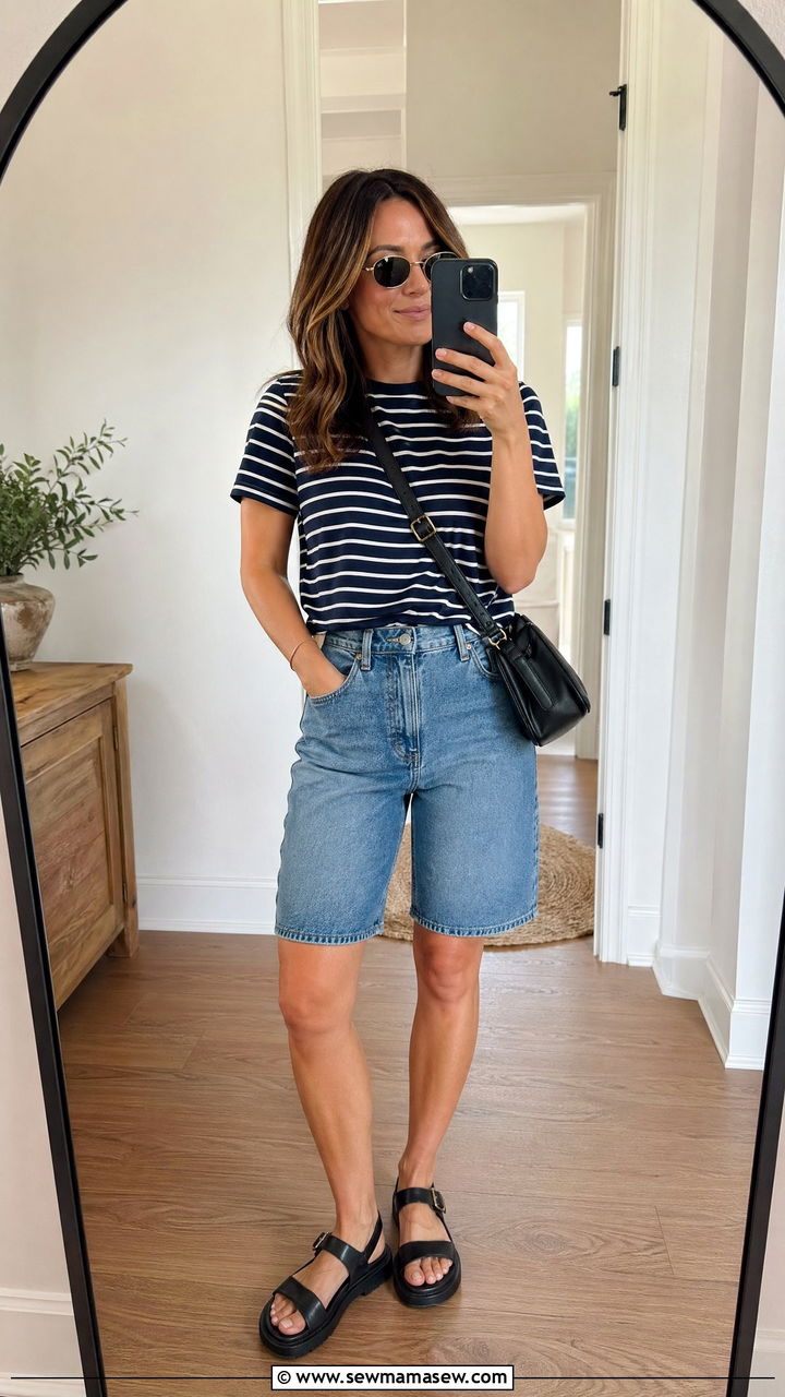 Striped Cotton Tee With Denim Shorts And Chunky Black Sandals - 35 summer capsule wardrobe outfits