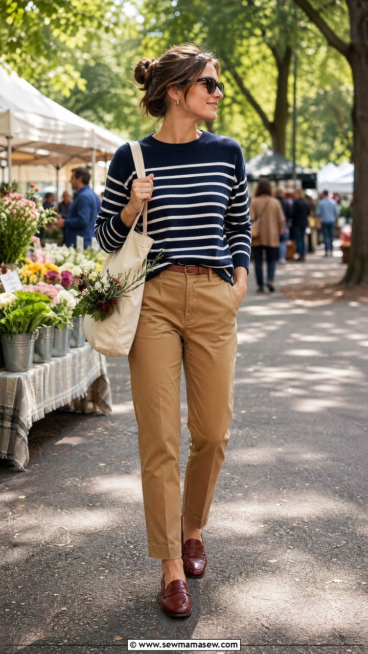 Striped Crewneck With Camel Chinos and Penny Loafers - 35 transitional old money outfit ideas