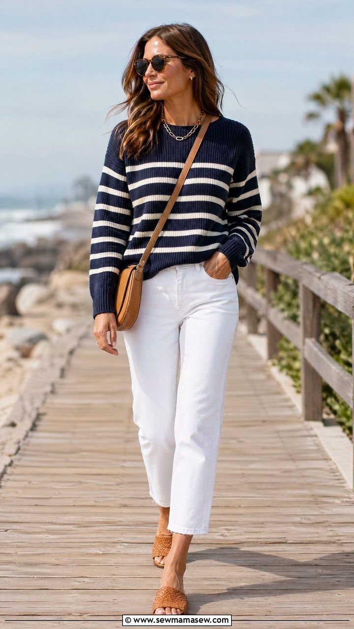 Striped Fisherman Sweater and White Cropped Jeans - 35 coastal grandmother outfits for women