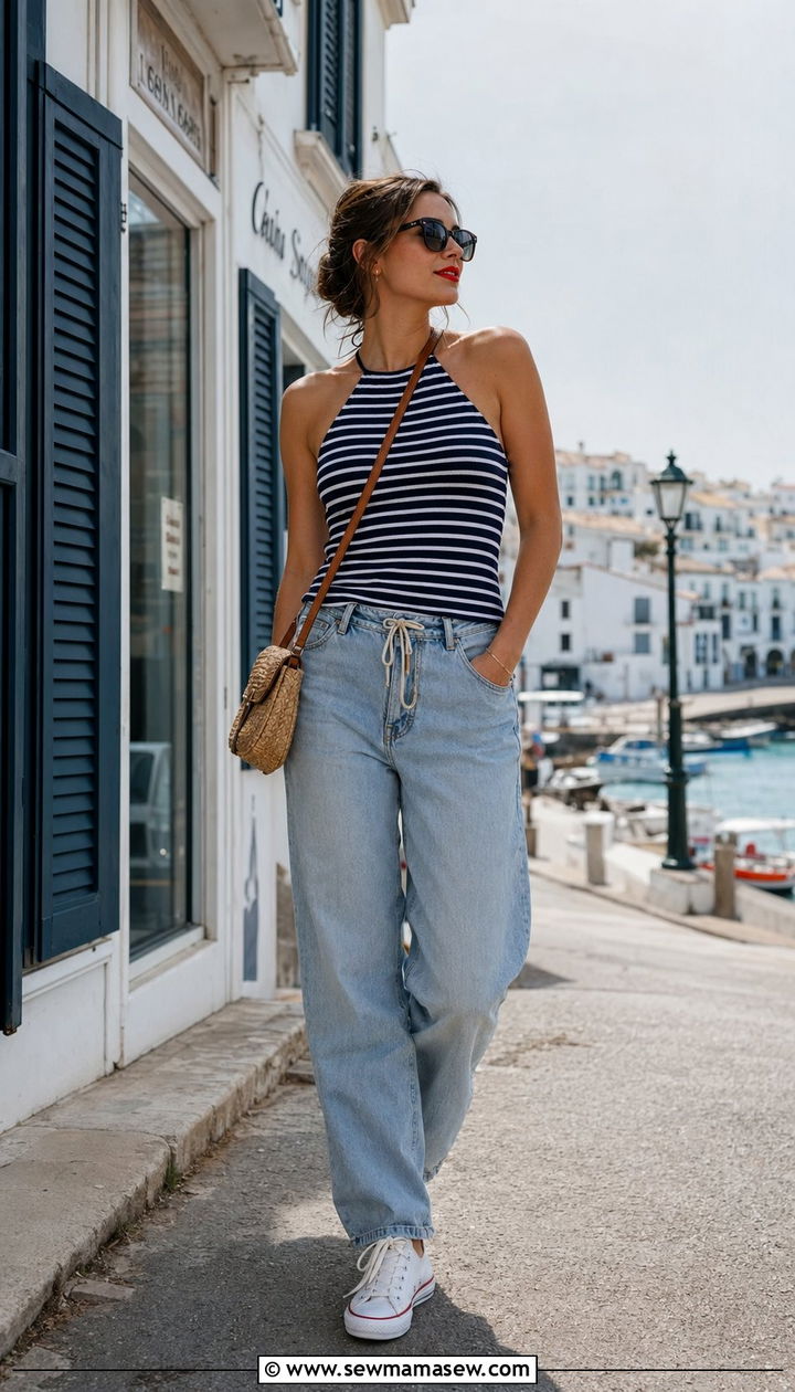 Striped Halterneck Top with Drawstring Jeans - 35 Nautical outfit ideas