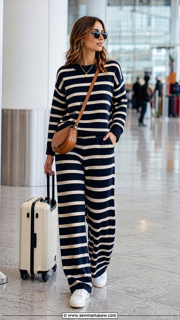Striped Knit Co Ord Set with White Sneakers - 40 airport outfits ideas