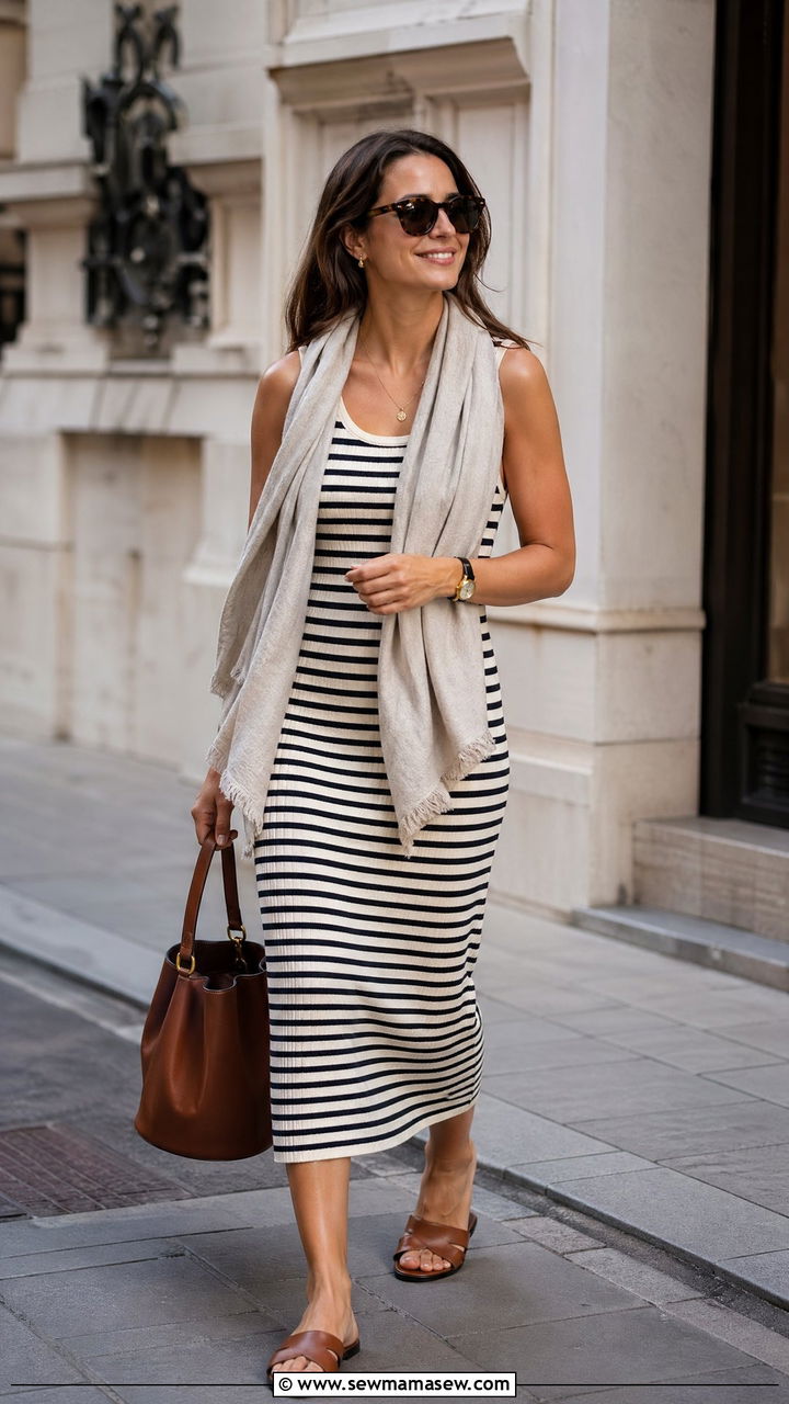 Striped Knit Midi Dress With Flat Sandals Outfit - 35 summer labor day outfit ideas