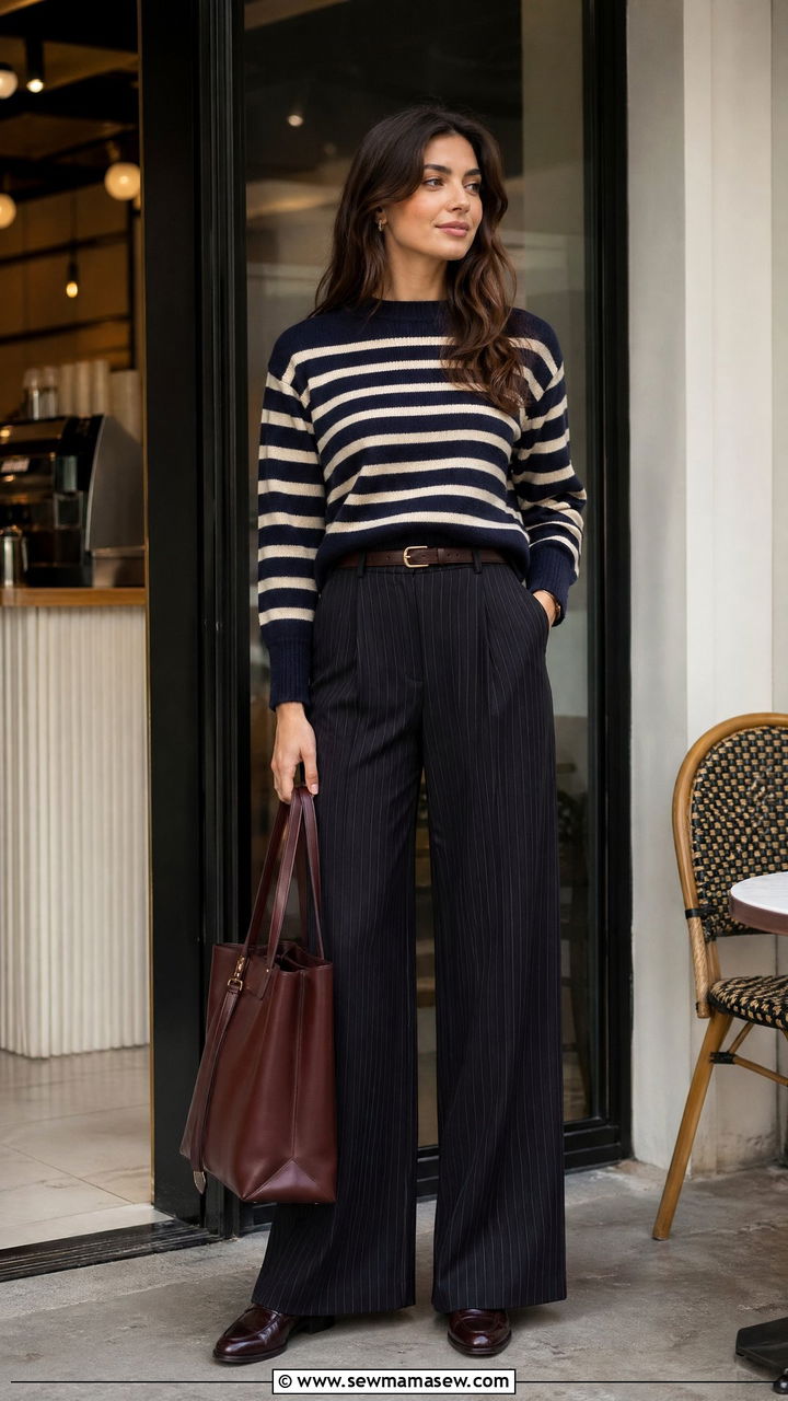 Striped Knit Sweater With Pinstripe Wide Leg Trousers - 35 classy quiet luxury outfits