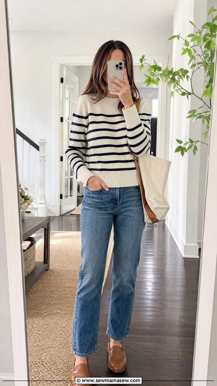 Striped Knit Sweater and Tan Loafers Spring Outfit - 35 spring preppy outfit ideas