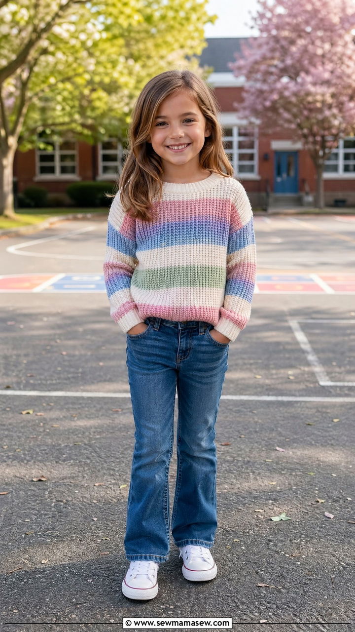 Striped Knit Sweater with Jeans Outfit - 35 Spring outfits for kids
