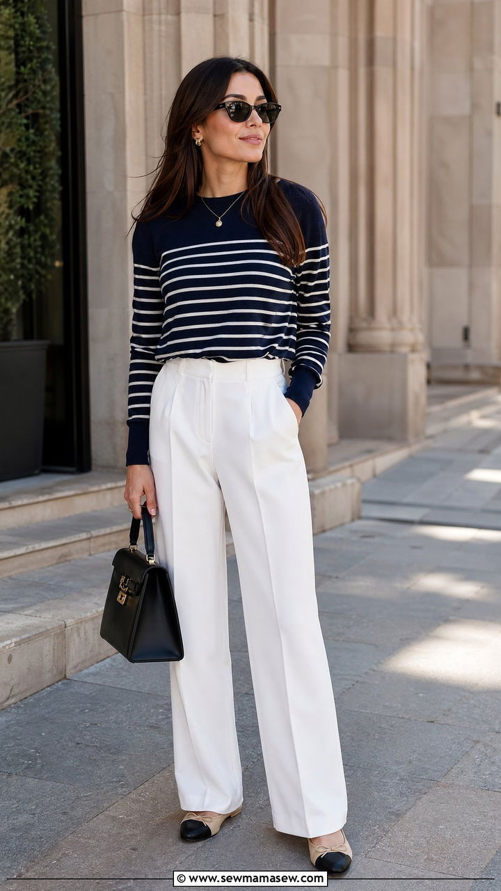 Striped Knit Top With White Trousers And Two Tone Flats - 35 spring parisian outfit ideas