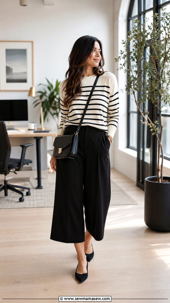 Striped Knit Top with Black Culottes - 35 what to wear to the office