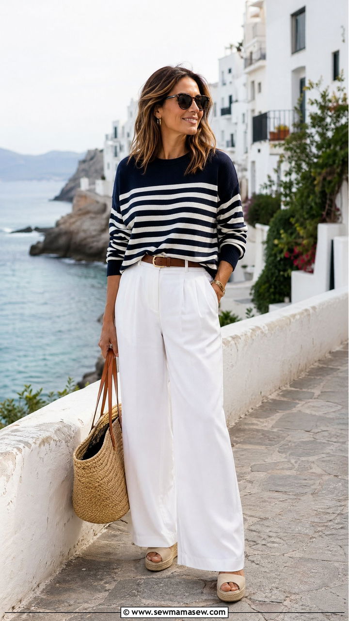 Striped Knit Top with White Wide Leg Pants - 35 classy outfits for women over 30