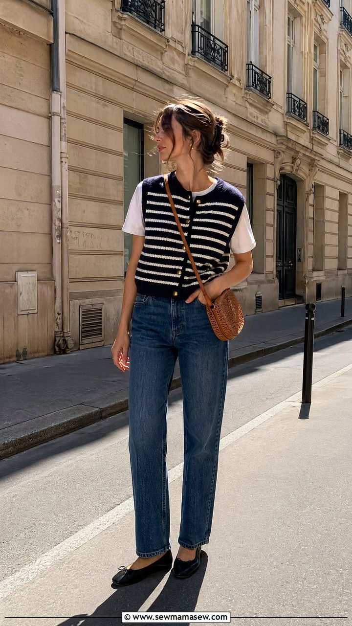 Striped Knit Vest With Denim and Woven Crossbody - 35 spring french girl outfit ideas