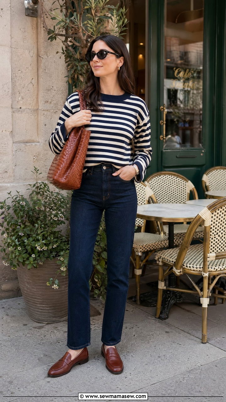 Striped Knit With Dark Wash Jeans - 35 Cold spring outfits