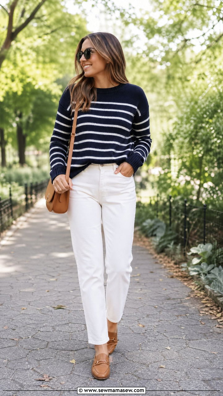 Striped Knit With White Jeans And Tan Loafers - 35 Spring London outfit ideas