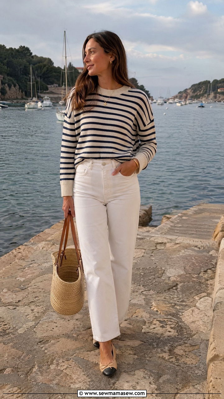 Striped Knit With White Jeans Outfit - 35 spring chic outfit ideas