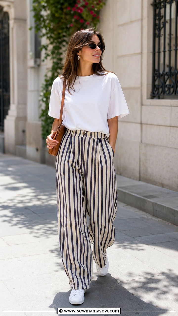 Striped Linen Pants And White Tee With Sneakers - 30 Wide leg linen pants outfit ideas for summer