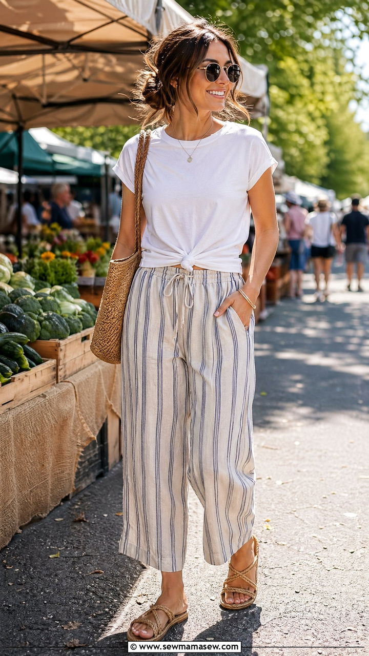 Striped Linen Pants With Knotted White Tee - 35 cute linen pants outfits