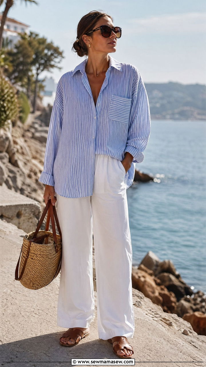Striped Linen Shirt with White Wide Leg Trousers and Slides - 35 spring casual chic outfit ideas