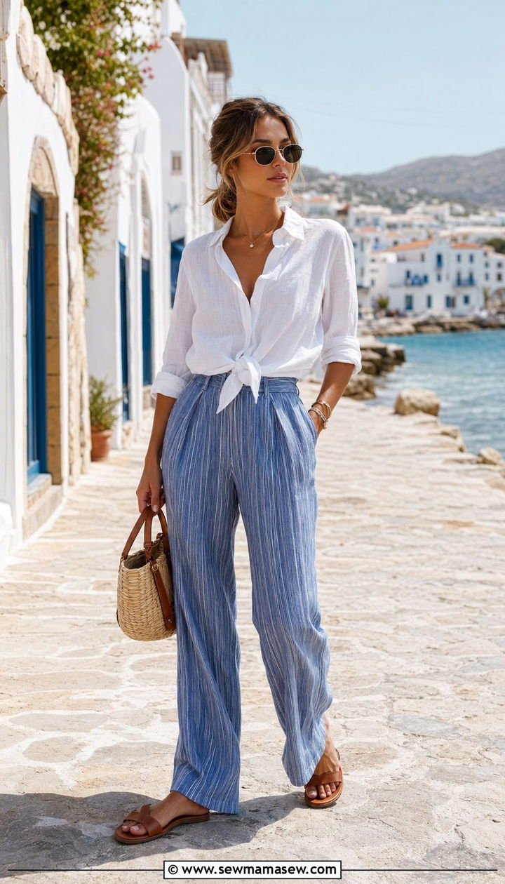 Striped Linen Trousers with White Button Down - 30 beach vacation outfit ideas for women