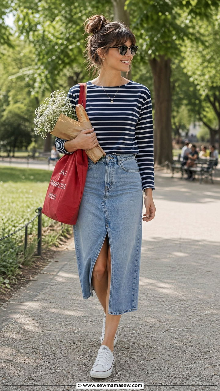 Striped Long Sleeve Tee And Denim Skirt - 35 Summer picnic outfits