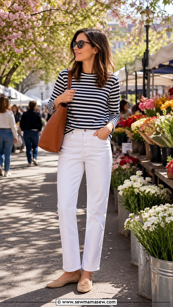Striped Long Sleeve Tee And White Jeans - 30 Spring capsule wardrobe minimalist