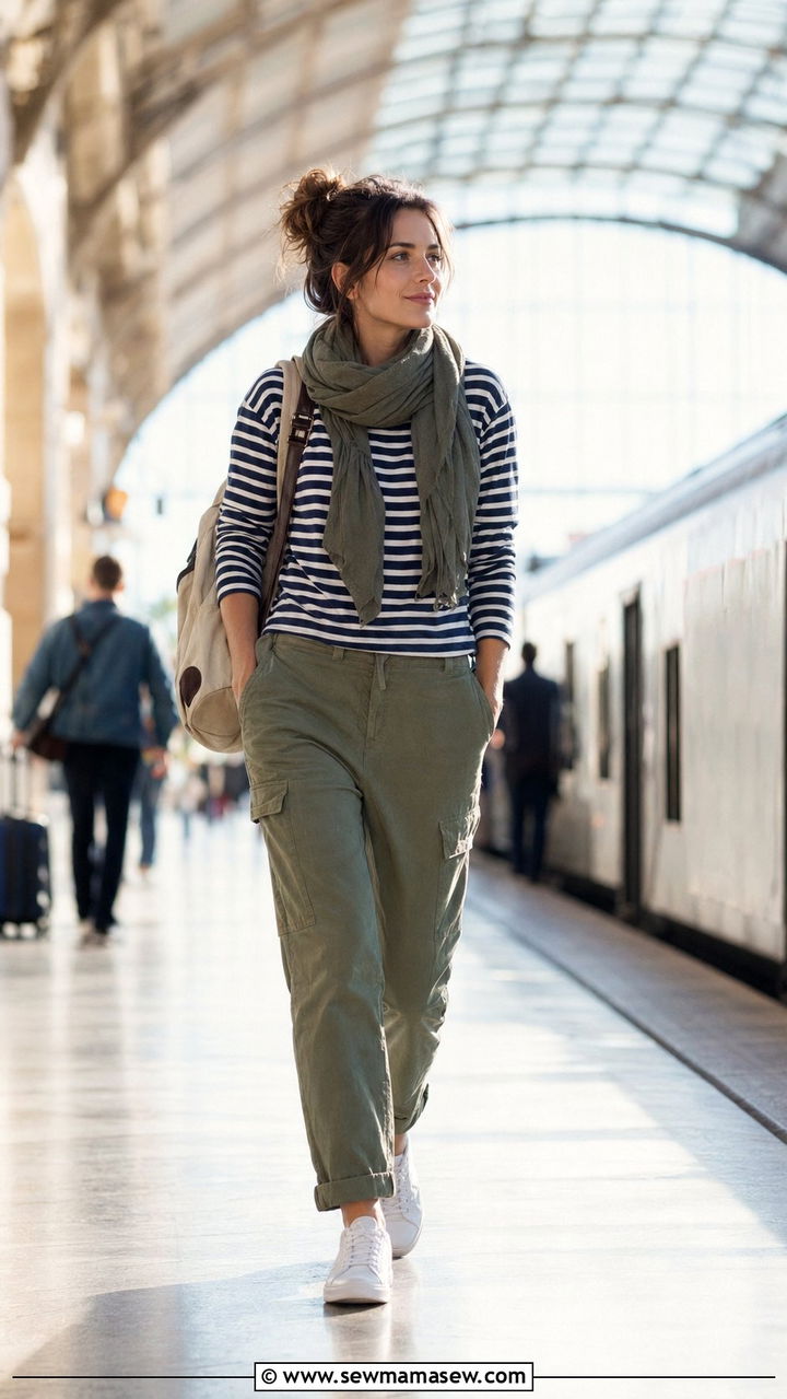 Striped Long Sleeve Tee With Utility Pants - 35 Modest outfit ideas for travel