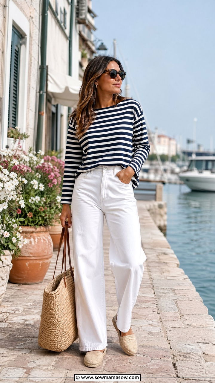 Striped Long Sleeve Tee With White Wide Leg Jeans and Espadrilles - 35 Spring transition outfits
