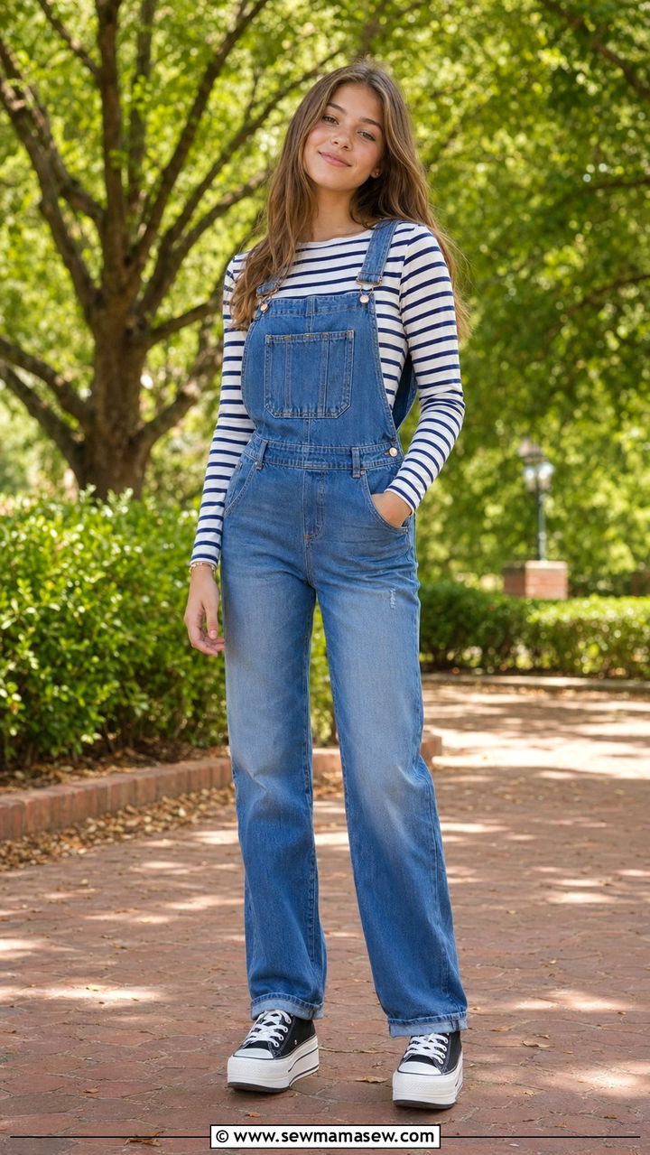 Striped Long Sleeve Tee and Denim Overalls School Outfit - 35 School outfit ideas for teens