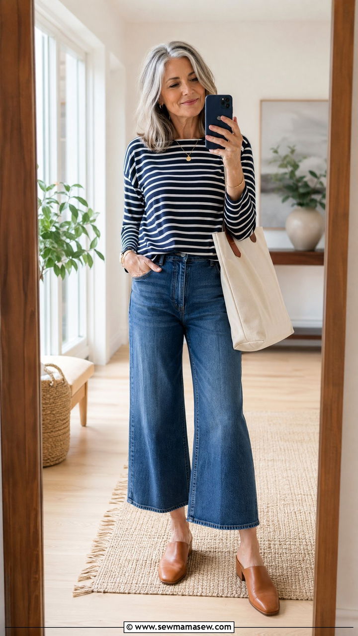 Striped Long Sleeve Tee with Cropped Wide Leg Jeans and Mules - 35 What to wear in spring for women over 50