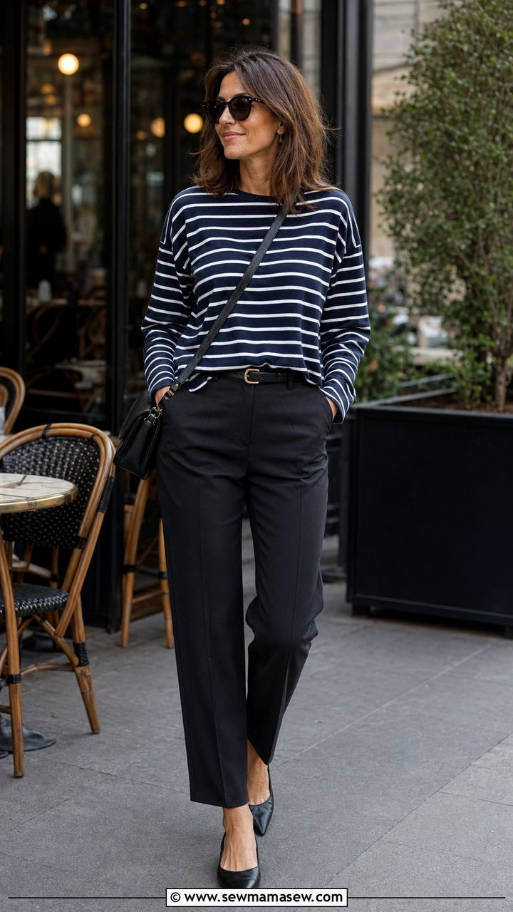 Striped Long Sleeve Tee with Tailored Trousers - 35 outfit ideas for women over 30