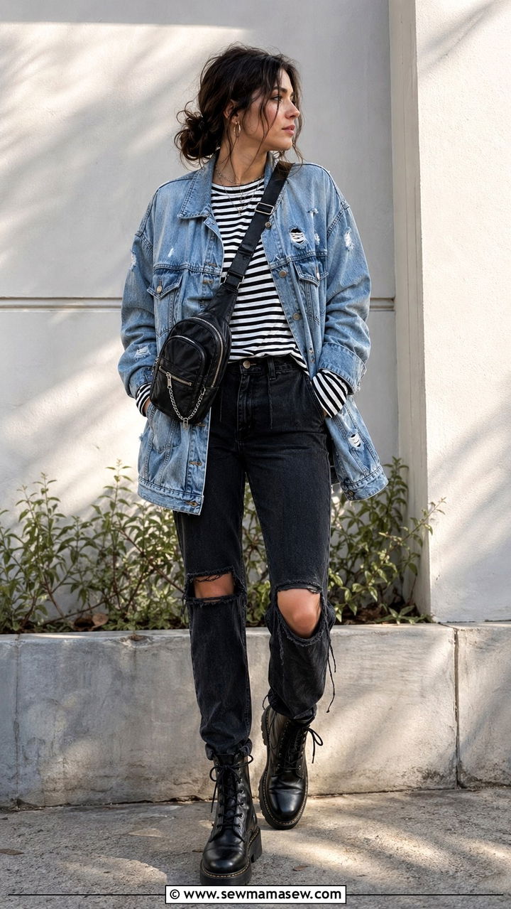Striped Long Sleeve Under Denim Jacket Spring Outfit - 30 spring grunge outfits