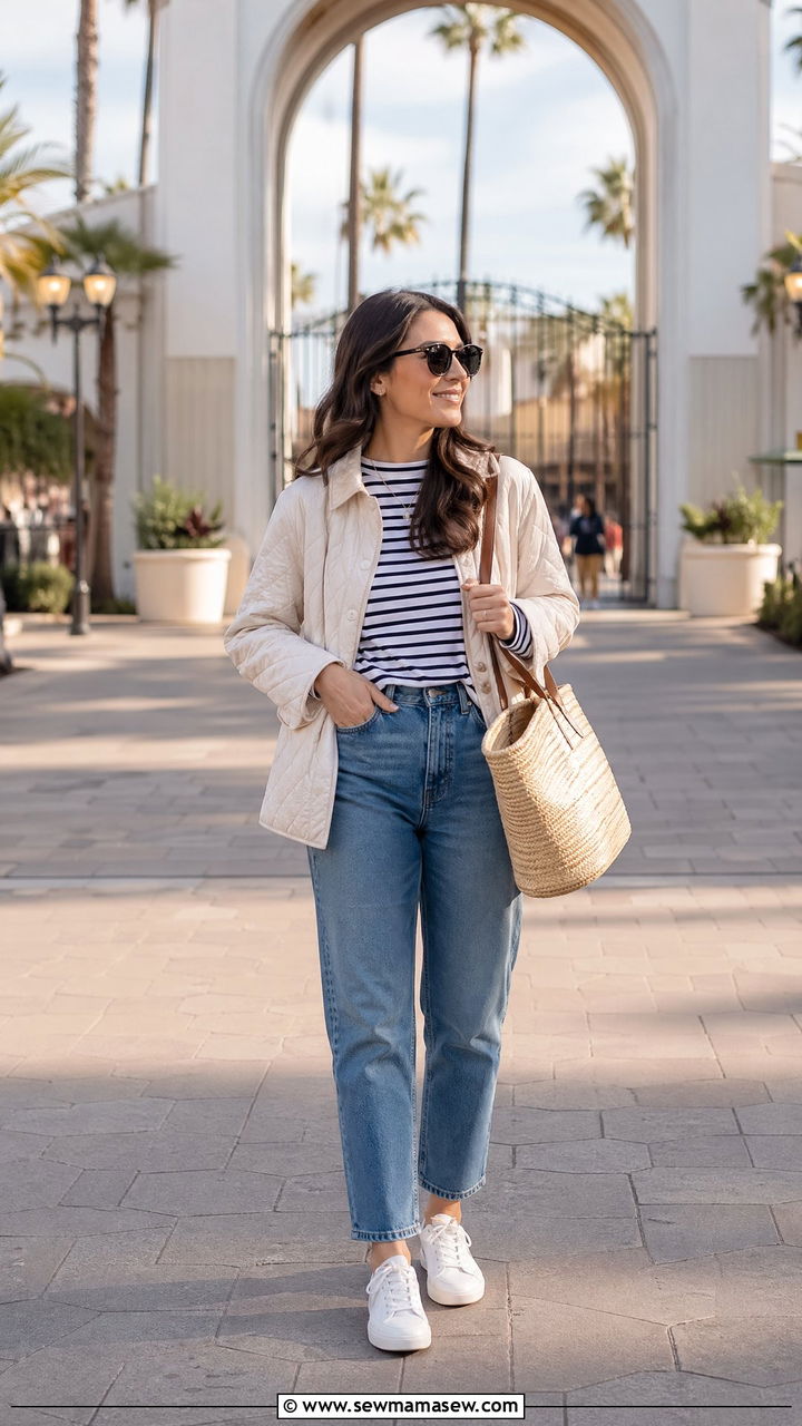 Striped Long Sleeve With High Waisted Jeans And Light Jacket - 35 Universal Studios outfit ideas