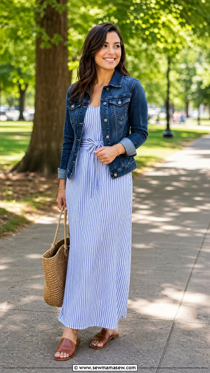 Striped Maxi Dress with Denim Jacket - 35 summer interview outfit ideas