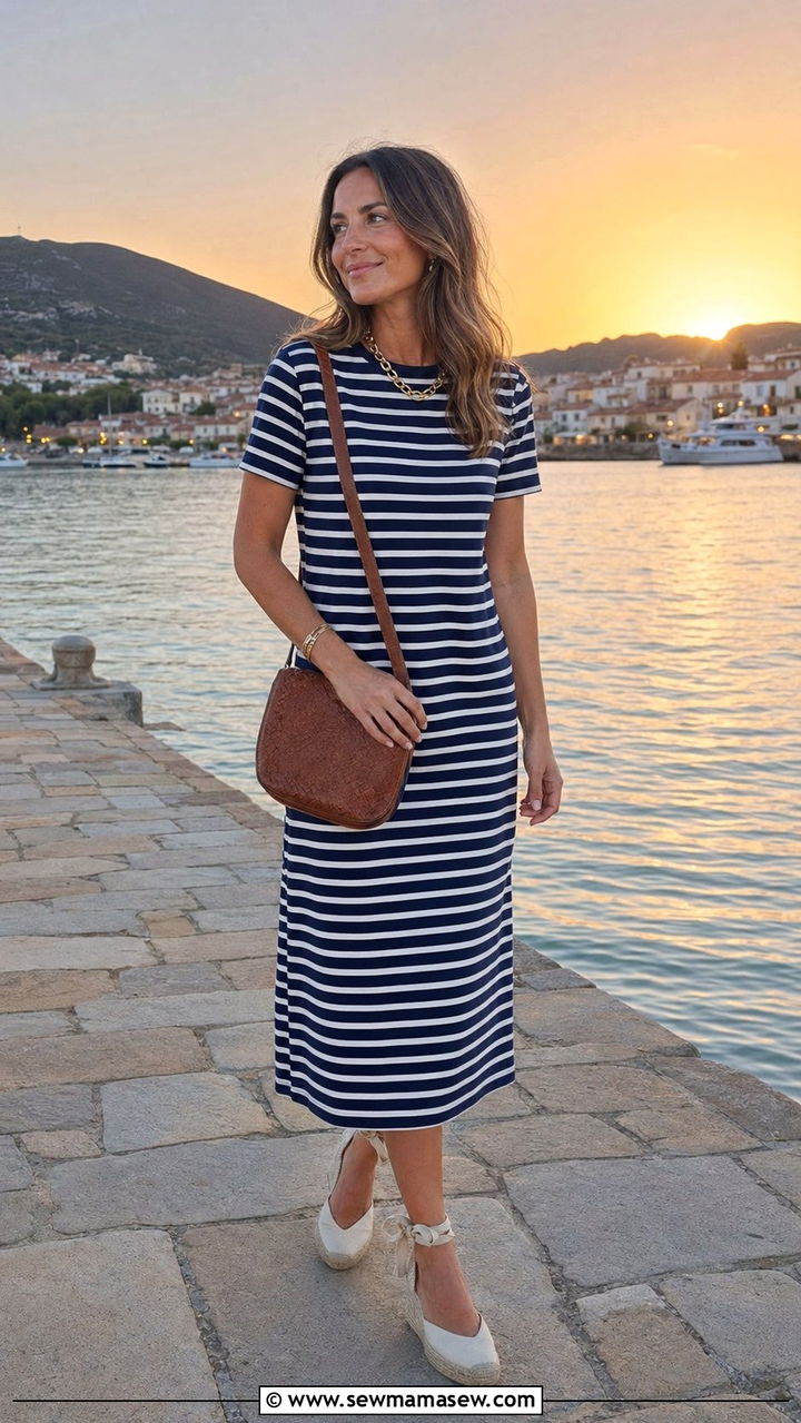 Striped Midi Dress With Espadrilles - 35 Preppy vacation outfits