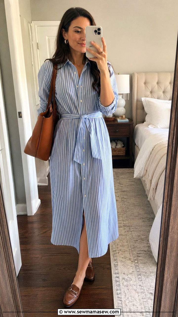Striped Midi Dress With Loafers - 30 spring midi dress outfit ideas