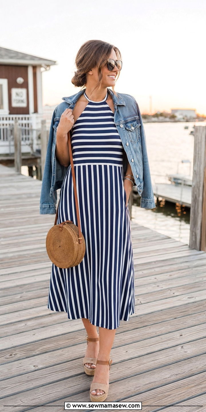 Striped Midi Dress with Espadrille Wedges - 35 Nautical outfit ideas