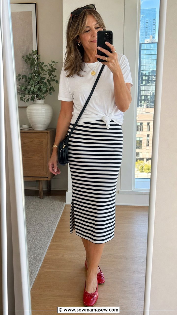 Striped Midi Skirt With Knotted White Tee Outfit - 35 Modest outfits for women over 40