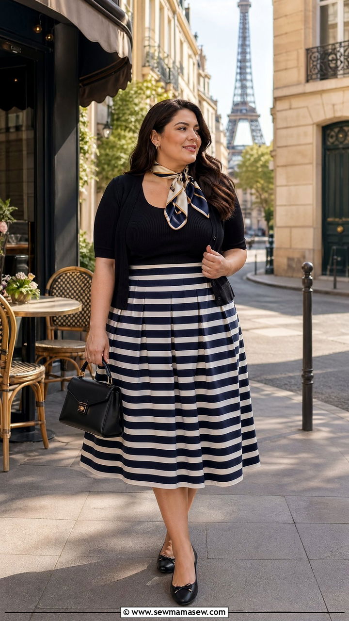 Striped Midi Skirt with Fitted Knit Top - 35 Travel outfits for curvy women