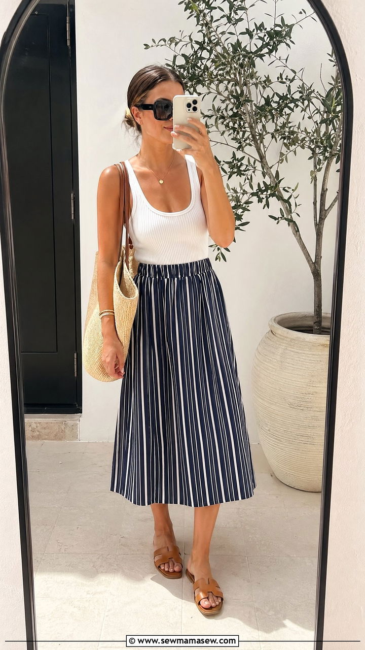 Striped Midi Skirt with White Tank - 35 Summer outfits with skirts