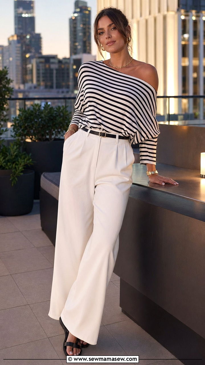 Striped Off Shoulder Top with White Wide Leg Trousers - 30 80 degree weather outfits