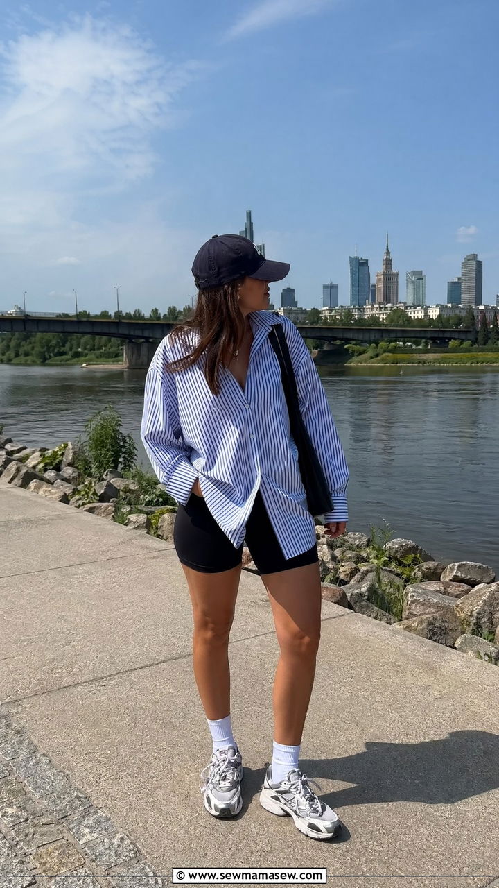 Striped Oversized Shirt With Biker Shorts And Retro Sneakers - 35 Warsaw outfit ideas