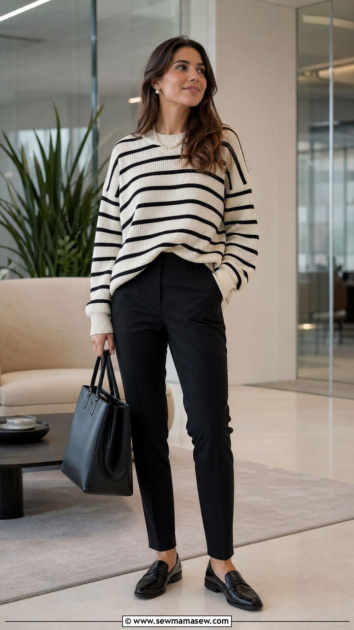 Striped Oversized Sweater with Black Pants - 35 cute business casual outfits