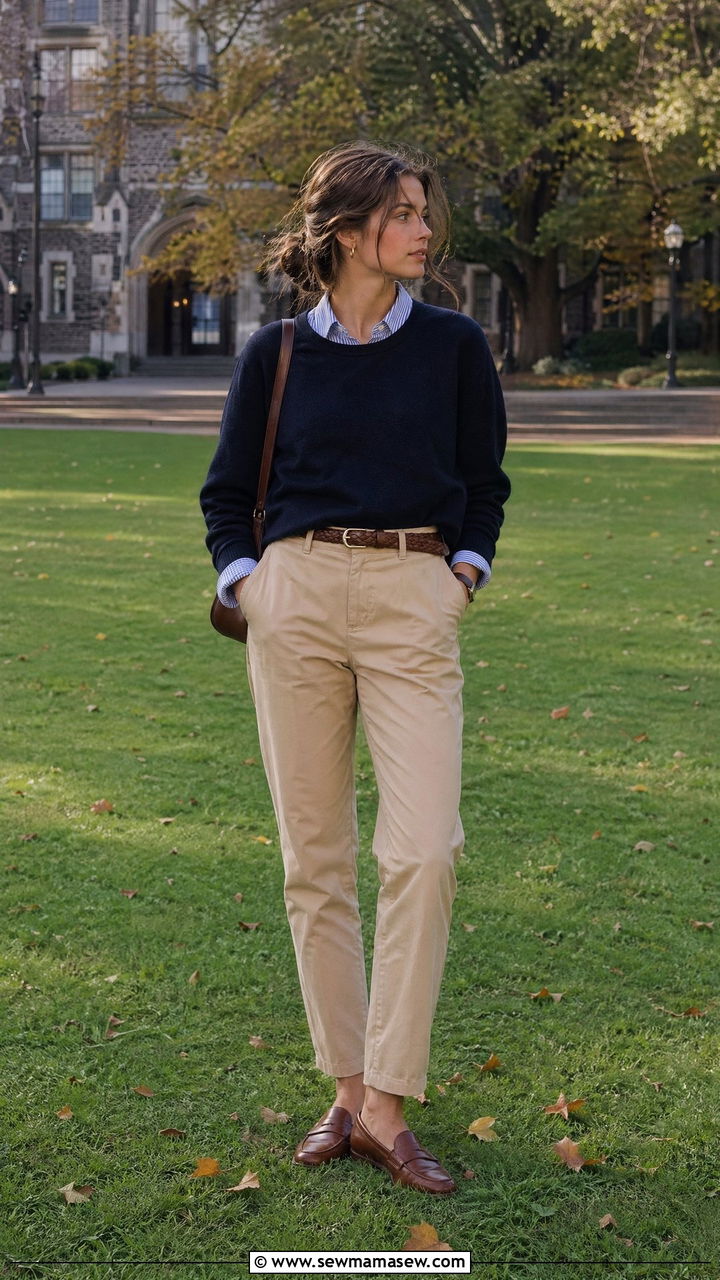 Striped Oxford Shirt Outfit With Crewneck Sweater And Chinos - 35 Dark academia outfit ideas